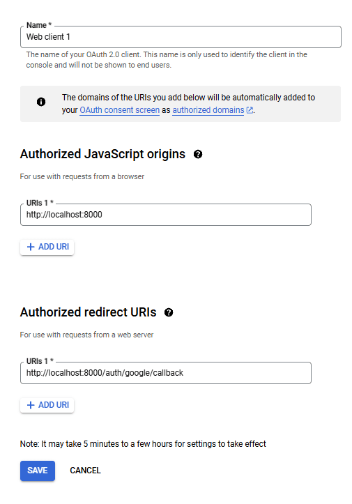 Google Developer Console Config